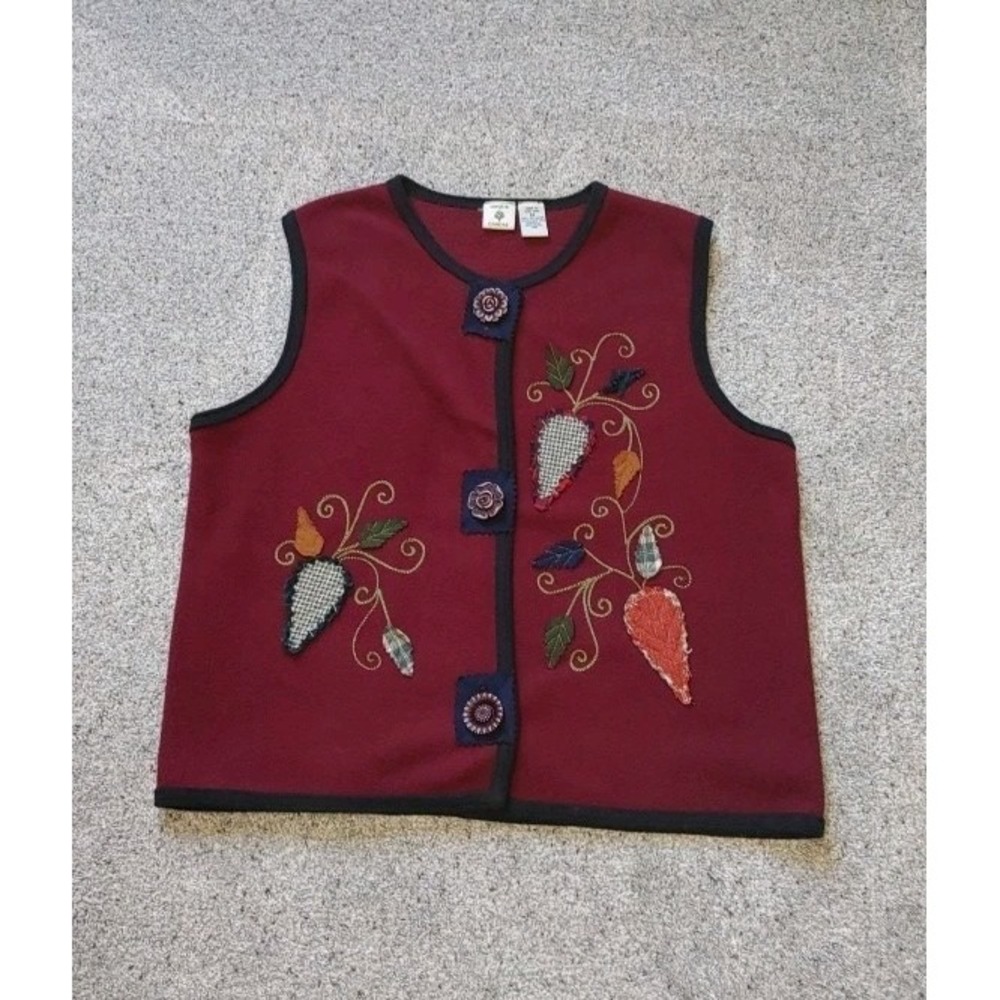 Vintage Y2K 90s Fall Onque Casuals Patches Flower Button-Up Vest Sz Med Fleece